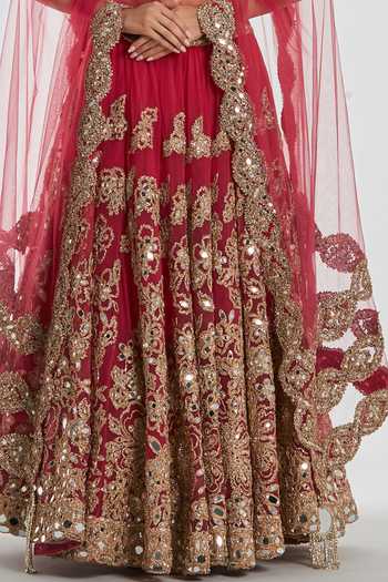 Shop_Abhinav Mishra_Pink Net, Tissue V-neck Floral Embroidered Lehenga Set _Online_at_Aza_Fashions