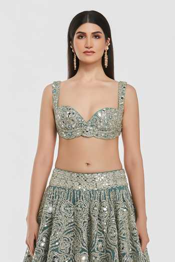 Abhinav Mishra_Blue Net, Organza Sweetheart Neck Mirror Work Lehenga Set _Online_at_Aza_Fashions