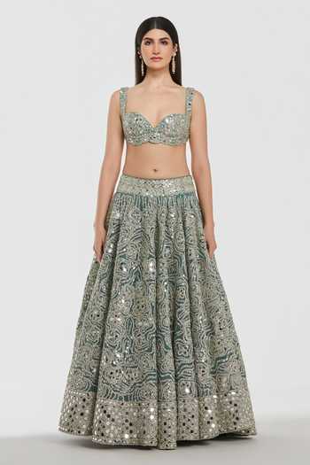 Buy_Abhinav Mishra_Blue Net, Organza Sweetheart Neck Mirror Work Lehenga Set _Online_at_Aza_Fashions
