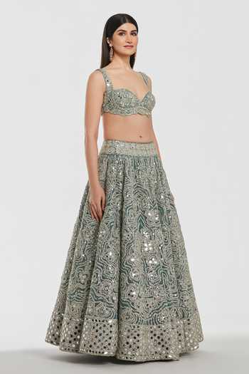 Shop_Abhinav Mishra_Blue Net, Organza Sweetheart Neck Mirror Work Lehenga Set _Online_at_Aza_Fashions