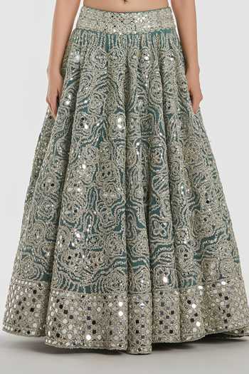 Abhinav Mishra_Blue Net, Organza Sweetheart Neck Mirror Work Lehenga Set _at_Aza_Fashions