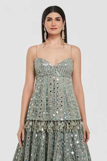 Abhinav Mishra_Blue Net Sweetheart Neck Mirror Embroidered Peplum Top And Lehenga Set _Online_at_Aza_Fashions