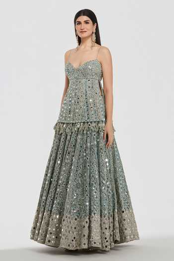 Buy_Abhinav Mishra_Blue Net Sweetheart Neck Mirror Embroidered Peplum Top And Lehenga Set _Online_at_Aza_Fashions