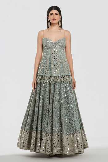 Shop_Abhinav Mishra_Blue Net Sweetheart Neck Mirror Embroidered Peplum Top And Lehenga Set _Online_at_Aza_Fashions