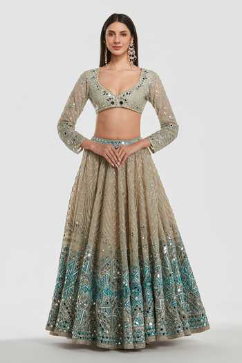 Abhinav Mishra_Ivory Net Sweetheart Neck Mirror Work Lehenga Set _Online_at_Aza_Fashions