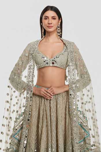 Buy_Abhinav Mishra_Ivory Net Sweetheart Neck Mirror Work Lehenga Set _Online_at_Aza_Fashions