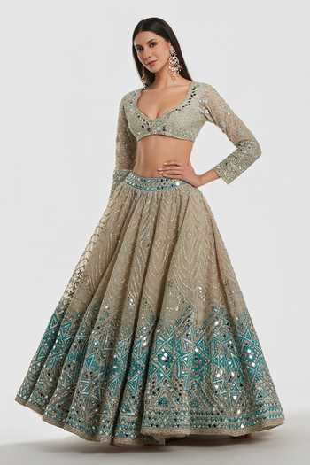Shop_Abhinav Mishra_Ivory Net Sweetheart Neck Mirror Work Lehenga Set _Online_at_Aza_Fashions