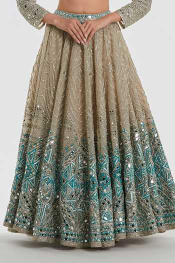 Abhinav Mishra_Ivory Net Sweetheart Neck Mirror Work Lehenga Set _at_Aza_Fashions
