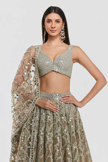Abhinav Mishra_Gold Net V-neck Mirror Work Blouse Lehenga Set _Online_at_Aza_Fashions