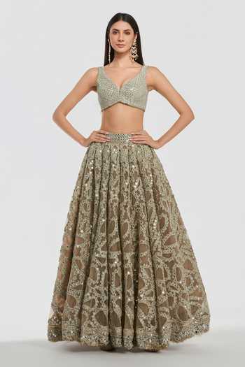 Buy_Abhinav Mishra_Gold Net V-neck Mirror Work Blouse Lehenga Set _Online_at_Aza_Fashions