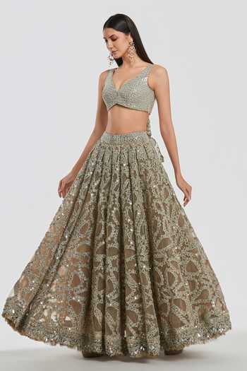 Shop_Abhinav Mishra_Gold Net V-neck Mirror Work Blouse Lehenga Set _Online_at_Aza_Fashions