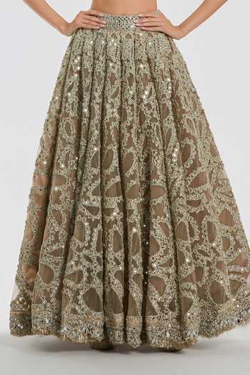Abhinav Mishra_Gold Net V-neck Mirror Work Blouse Lehenga Set _at_Aza_Fashions