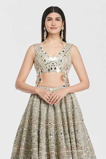 Abhinav Mishra_Gold Net V-neck Gota Embroidered Lehenga Set _Online_at_Aza_Fashions