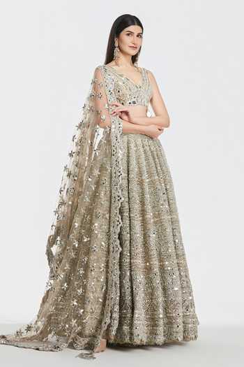 Buy_Abhinav Mishra_Gold Net V-neck Gota Embroidered Lehenga Set _Online_at_Aza_Fashions
