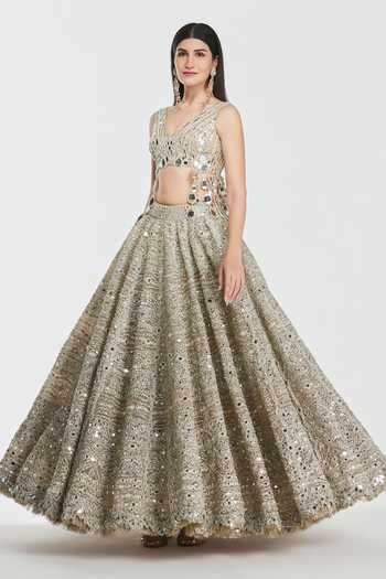 Shop_Abhinav Mishra_Gold Net V-neck Gota Embroidered Lehenga Set _Online_at_Aza_Fashions