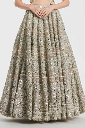 Abhinav Mishra_Gold Net V-neck Gota Embroidered Lehenga Set _at_Aza_Fashions