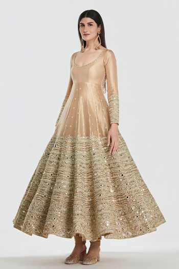 Shop Abhinav Mishra Gold Tissue, Net Scoop Neck Mirror Embroidered Anarkali Set Online at Aza Fashions Shop_Abhinav Mishra_Gold Tissue, Net Scoop Neck Mirror Embroidered Anarkali Set _Online_at_Aza_Fashions