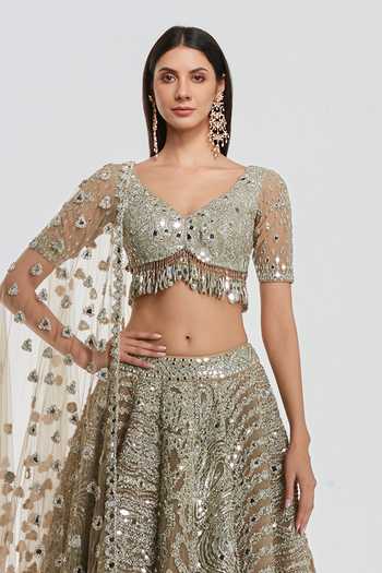 Abhinav Mishra_Gold Net V-neck Mirror Work Lehenga Set _Online_at_Aza_Fashions