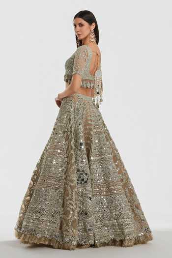 Buy_Abhinav Mishra_Gold Net V-neck Mirror Work Lehenga Set _Online_at_Aza_Fashions