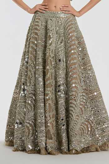 Shop_Abhinav Mishra_Gold Net V-neck Mirror Work Lehenga Set _Online_at_Aza_Fashions