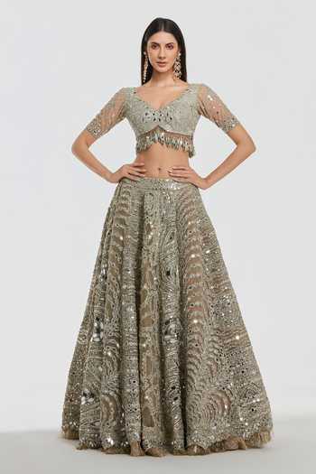 Abhinav Mishra_Gold Net V-neck Mirror Work Lehenga Set _at_Aza_Fashions