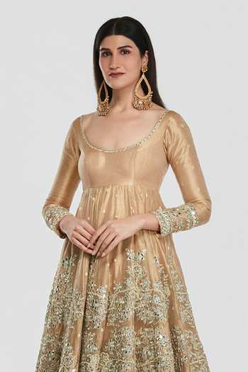 Abhinav Mishra_Gold Tissue, Net Scoop Neck Zari Embroidered Anarkali Set _Online_at_Aza_Fashions