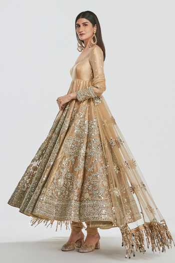 Buy_Abhinav Mishra_Gold Tissue, Net Scoop Neck Zari Embroidered Anarkali Set _Online_at_Aza_Fashions