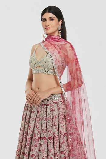 Abhinav Mishra_Pink Chanderi, Organza V-neck Mirror And Sequin Work Lehenga Set _Online_at_Aza_Fashions