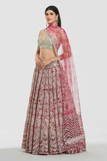 Buy_Abhinav Mishra_Pink Chanderi, Organza V-neck Mirror And Sequin Work Lehenga Set _Online_at_Aza_Fashions