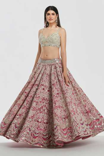 Shop_Abhinav Mishra_Pink Chanderi, Organza V-neck Mirror And Sequin Work Lehenga Set _Online_at_Aza_Fashions