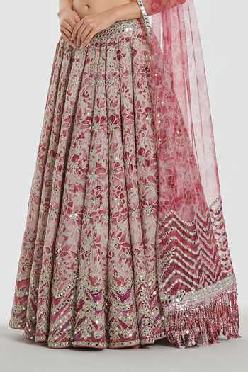 Abhinav Mishra_Pink Chanderi, Organza V-neck Mirror And Sequin Work Lehenga Set _at_Aza_Fashions
