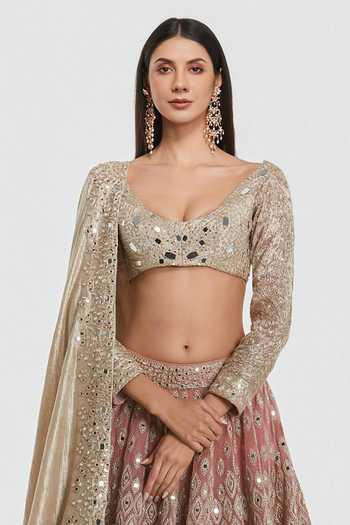 Abhinav Mishra_Gold Net, Tissue Sweetheart Neck Mirror Work Blouse Lehenga Set _Online_at_Aza_Fashions