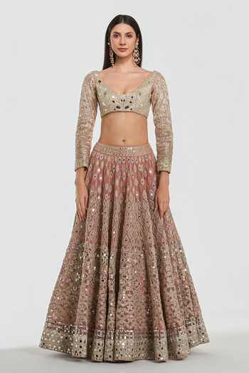Buy_Abhinav Mishra_Gold Net, Tissue Sweetheart Neck Mirror Work Blouse Lehenga Set _Online_at_Aza_Fashions