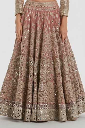 Shop_Abhinav Mishra_Gold Net, Tissue Sweetheart Neck Mirror Work Blouse Lehenga Set _Online_at_Aza_Fashions