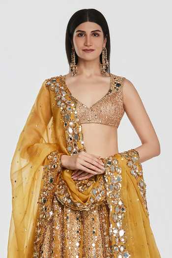 Abhinav Mishra_Yellow Net, Organza V-neck Mirror Work Lehenga Blouse Set _Online_at_Aza_Fashions