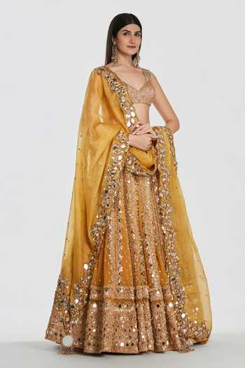 Buy_Abhinav Mishra_Yellow Net, Organza V-neck Mirror Work Lehenga Blouse Set _Online_at_Aza_Fashions
