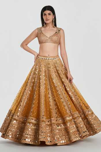 Shop_Abhinav Mishra_Yellow Net, Organza V-neck Mirror Work Lehenga Blouse Set _Online_at_Aza_Fashions