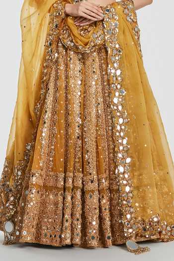 Abhinav Mishra_Yellow Net, Organza V-neck Mirror Work Lehenga Blouse Set _at_Aza_Fashions