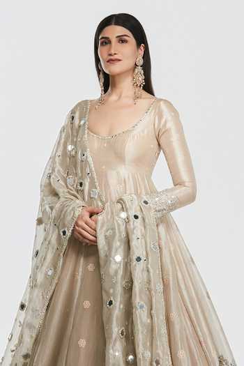 Abhinav Mishra_Rose Gold Tissue Scoop Neck Mirror Embellished Anarkali Set _Online_at_Aza_Fashions