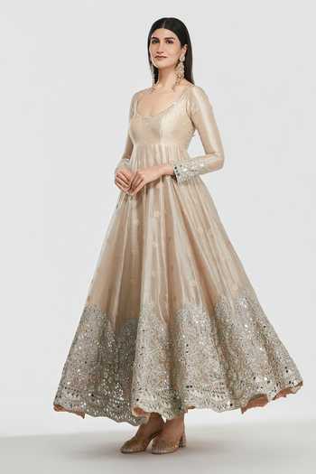 Buy_Abhinav Mishra_Rose Gold Tissue Scoop Neck Mirror Embellished Anarkali Set _Online_at_Aza_Fashions