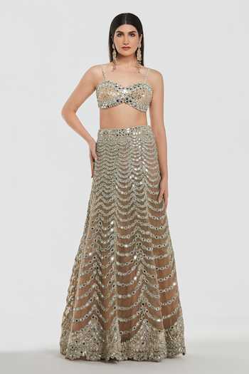 Shop Abhinav Mishra Gold Net Sweetheart , Open Mirror Work Jacket Lehenga Set Online at Aza Fashions Shop_Abhinav Mishra_Gold Net Sweetheart , Open Mirror Work Jacket Lehenga Set _Online_at_Aza_Fashions