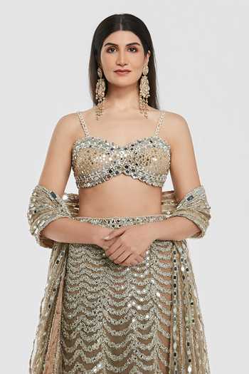 Abhinav Mishra_Gold Net Sweetheart Neck Mirror Work Lehenga Blouse Set _Online_at_Aza_Fashions