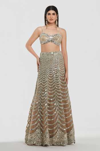 Buy_Abhinav Mishra_Gold Net Sweetheart Neck Mirror Work Lehenga Blouse Set _Online_at_Aza_Fashions