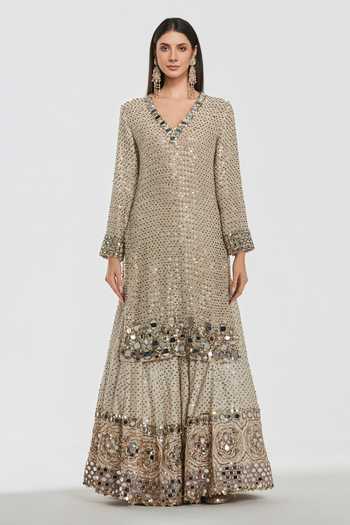 Abhinav Mishra_Ivory Net, Chanderi V-neck Embroidered Kurta And Sharara Set _Online_at_Aza_Fashions