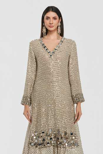Buy_Abhinav Mishra_Ivory Net, Chanderi V-neck Embroidered Kurta And Sharara Set _Online_at_Aza_Fashions
