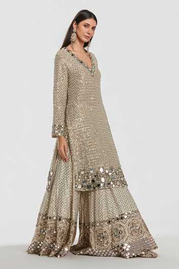 Shop_Abhinav Mishra_Ivory Net, Chanderi V-neck Embroidered Kurta And Sharara Set _Online_at_Aza_Fashions