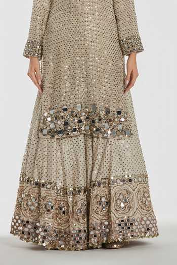 Abhinav Mishra_Ivory Net, Chanderi V-neck Embroidered Kurta And Sharara Set _at_Aza_Fashions