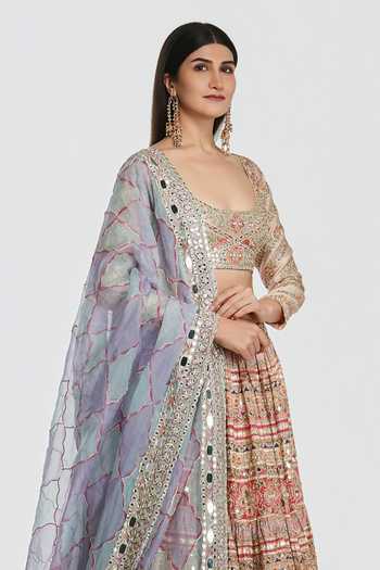 Abhinav Mishra_Multi Color Chanderi, Organza Scoop Neck Mirror Work Lehenga Set _Online_at_Aza_Fashions