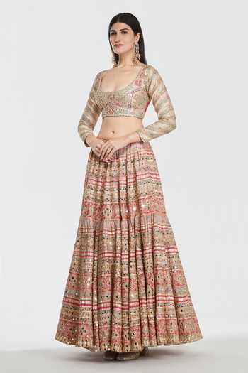 Buy_Abhinav Mishra_Multi Color Chanderi, Organza Scoop Neck Mirror Work Lehenga Set _Online_at_Aza_Fashions