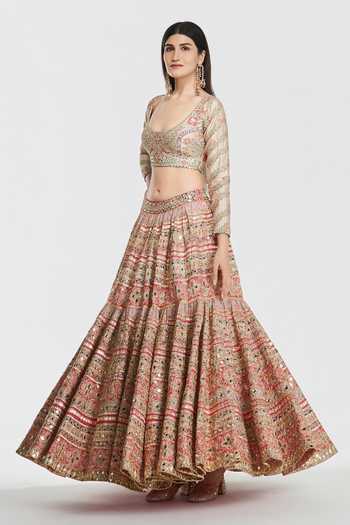 Shop_Abhinav Mishra_Multi Color Chanderi, Organza Scoop Neck Mirror Work Lehenga Set _Online_at_Aza_Fashions